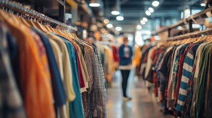 A retail shopper browsing through clothing racks in a brightly lit fashion store.