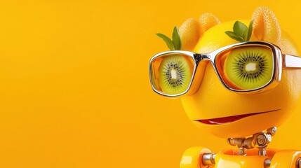 Whimsical Robot Fruit Character with Glasses and Vibrant Background