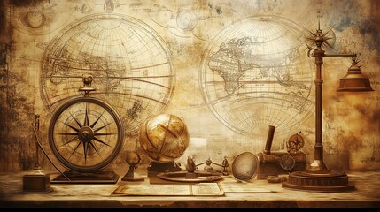 Ancient astronomical instruments on vintage paper, with celestial maps and warm lighting invite contemplation.