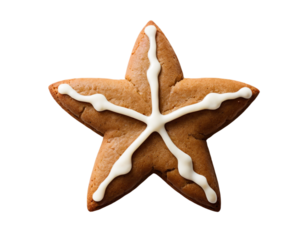 Star-Shaped Christmas Cookie with White Icing Snowflake Design on Transparent Background, Festive Holiday Treats. 
