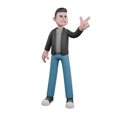Cartoon 3D Artistic Model. A male screenwriter stands with his left hand pointing in a certain direction, an angry expression . Creative 3D Model