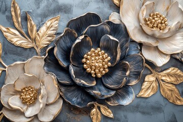 Sophisticated metallic floral artwork for walls in baroque design accentuated with elegant gold touches