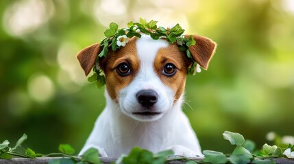 Adorable Dog with Floral Crown Surrounded by Lush Greenery
