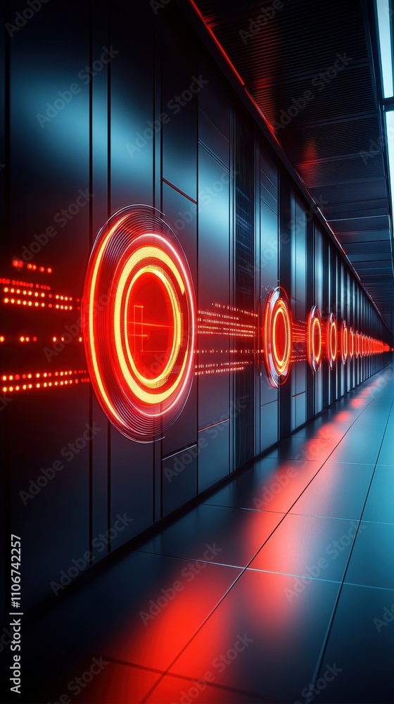 Poster a computer server room with a blue background and red lights