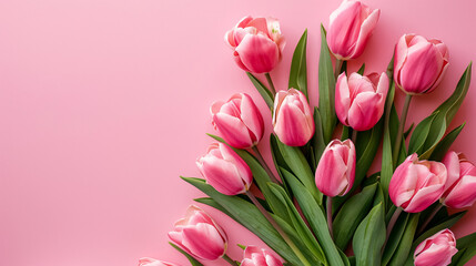 Obraz premium A beautiful arrangement of pink tulip flowers on a pastel pink background. Perfect for Valentine's Day, Easter, birthdays, Women's Day, or Mother's Day. Flat lay with ample space for text.