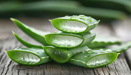 Fototapeta premium Fresh aloe vera leaves with water droplets on wooden surface, showcasing their vibrant green color and natural texture. image evokes sense of freshness and vitality