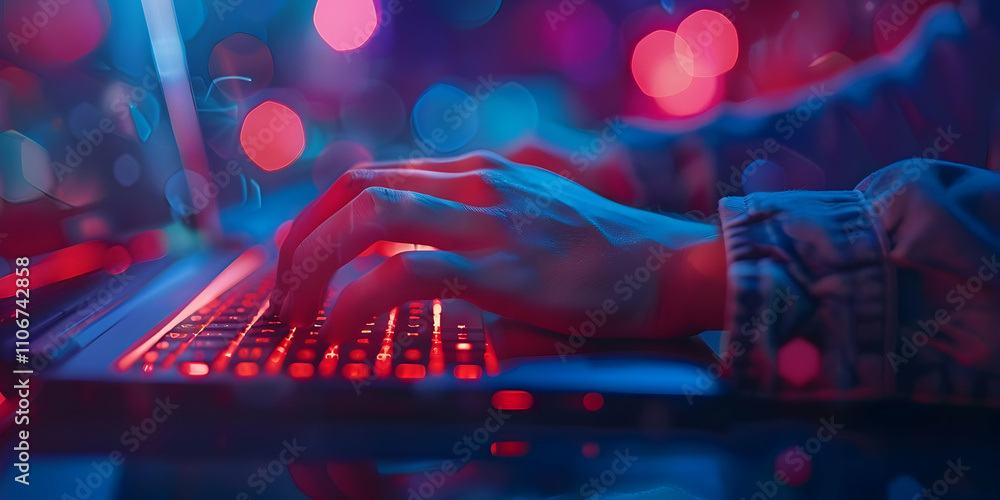 Aufkleber close-up of hands typing on illuminated laptop keyboard in a vibrant bokeh background