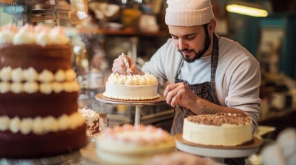 A baker meticulously decorates a cake with frosting in his bakery shop, surrounded by other delicious-looking cakes.