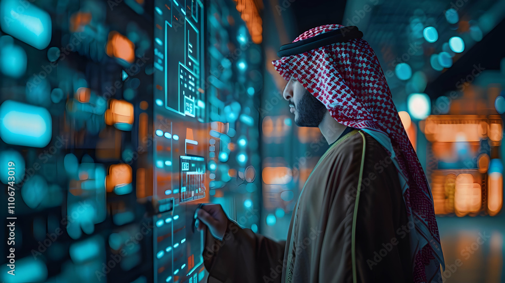 Poster man in traditional attire interacts with futuristic digital interface, displaying data streams and c