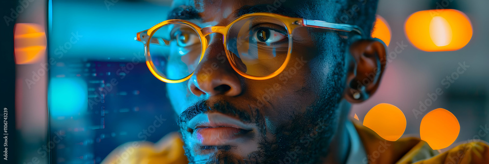 Poster close-up of a man in glasses, focused on computer code, illuminated by warm lights