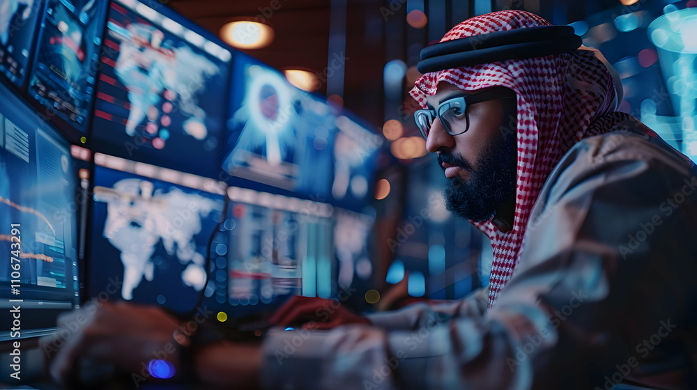 Poster focused man in traditional attire analyzes data on multiple monitors in a dark room