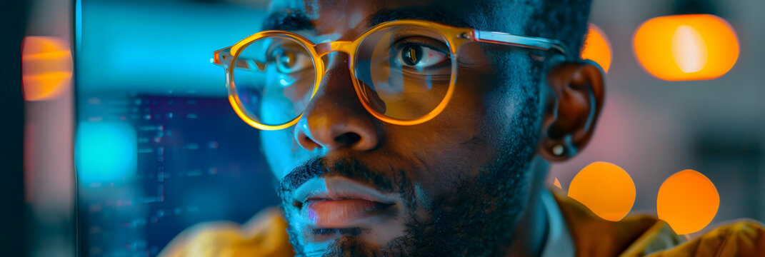 Close-up of a Man in Glasses, Focused on Computer Code, Illuminated by Warm Lights