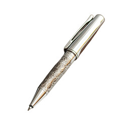 A close up shot of an elegant silver pen featuring an intricate ornate design on its barrel.