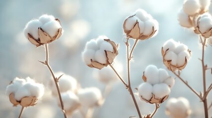 Soft and Fluffy Cotton Blooms on Gentle Stems Captured in Natural Light During an Early Morning, Showcasing the Beauty of Nature's Textiles