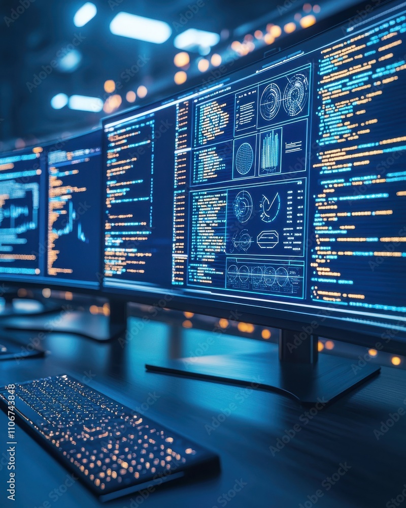 Poster a computer monitor with a keyboard and mouse on a desk