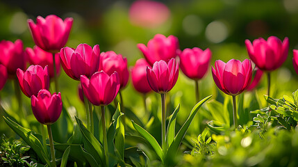 Fototapeta premium Vibrant Pink Tulips Blooming in a Lush Green Garden with Sunlight Filtering Through the Leaves