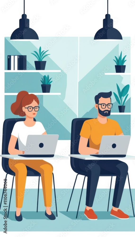 Poster colleagues collaborating in a modern workspace with laptops and focused teamwork. generative ai