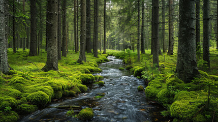 Obraz premium A tranquil Scandinavian woodland with densely packed fir trees, their trunks covered in vibrant green moss, and a gentle stream meandering through.