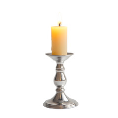 A single, lit yellow candle rests on a polished silver candlestick holder against a green background.
