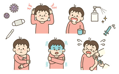 子供　病気　イラスト　アイコン　セット