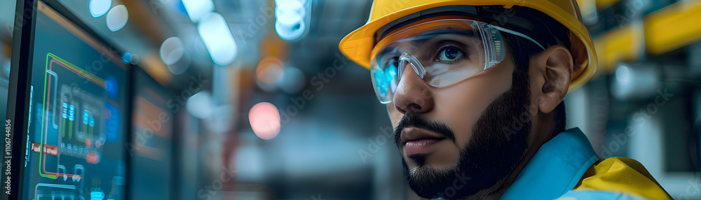 Aufkleber focused industrial worker reviews data on a monitor in a factory setting