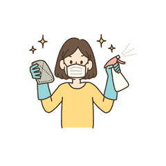 マスクをして雑巾と除菌スプレーを持ち掃除をする女性のイラスト