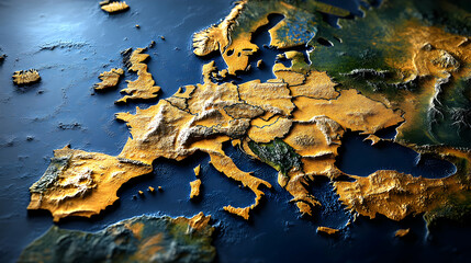 Fototapeta premium 3D Render of the European Continent Depicting the Geographical Features, Displaying a Golden Relief Texture Against a Deep Blue Water Background