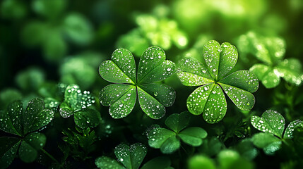 Close-Up View of Lush Green Clover Leaves Covered in Dew Drops, Capturing the Beauty of Nature After a Gentle Rain Shower