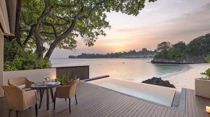 Fototapeta premium Luxury Beachfront Villa Sunset Ocean View Infinity Pool Deck Wicker Furniture