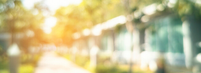 Banner Blur background green park garden nature bright sunny forest. Blurry outdoor park in spring time glowing shinny day template sunlight bokeh. Abstract blurred background banner with copy space