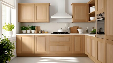 A modern kitchen featuring wooden cabinetry, a sleek countertop, and a gas stove, illuminated by natural light from nearby windows.