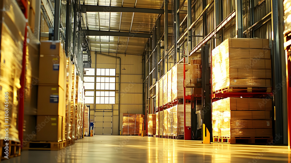 Poster sunlight illuminates a warehouse interior, showcasing rows of stacked cardboard boxes, a testament t