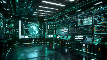 Obraz premium Futuristic 3D Render of a Global Surveillance Control Room with Numerous Screens Displaying Data and a World Map Hologram
