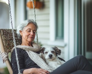 Thankful For My Dog Day Senior Womans Tranquil Moments with Her Dog on a Serene Porch - Perfect for Valentines Day and Mothers Day