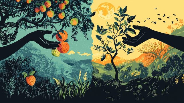 A symbolic image representing humanity's dual role on Earth: one side shows hands harvesting fruits and gathering resources from a lush, natural 