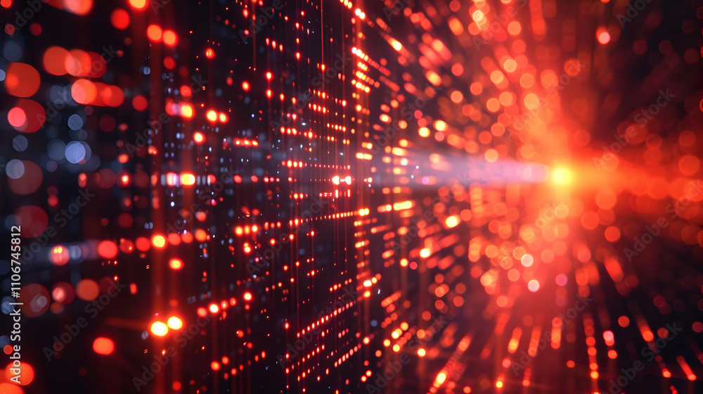 Poster abstract 3d red and orange light bokeh background: digital matrix of glowing particles radiating out