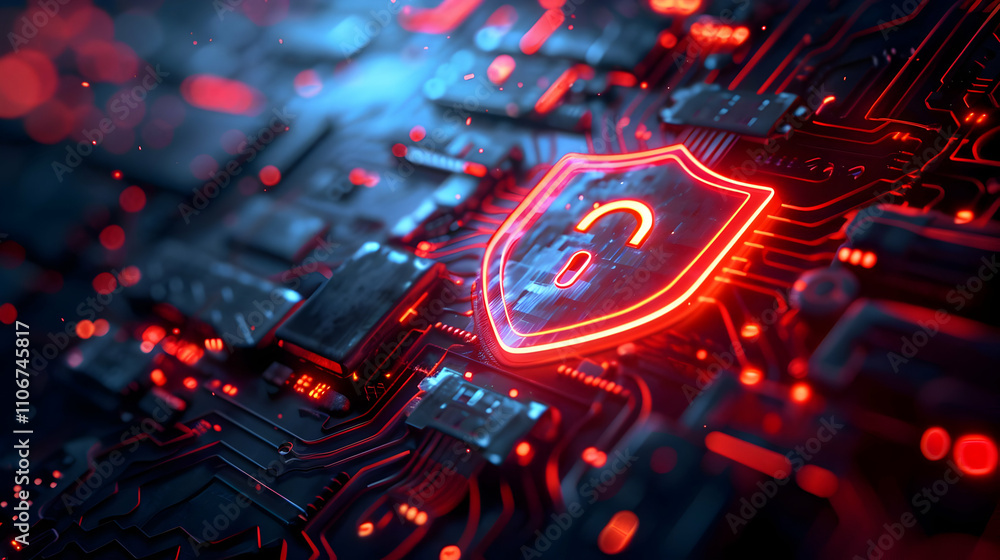 Poster cybersecurity shield: a 3d digital illustration of a red neon security lock on a circuit board backg