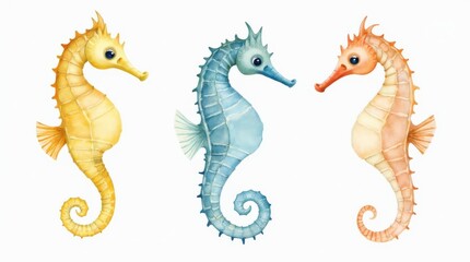 Fototapeta premium Artistic Watercolor Illustration Featuring Colorful Seahorses in Marine Environment. Generative AI