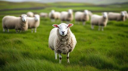 Naklejka premium Fluffy sheep grazing in lush green field, showcasing beauty of nature. serene landscape creates peaceful atmosphere, perfect for relaxation and reflection