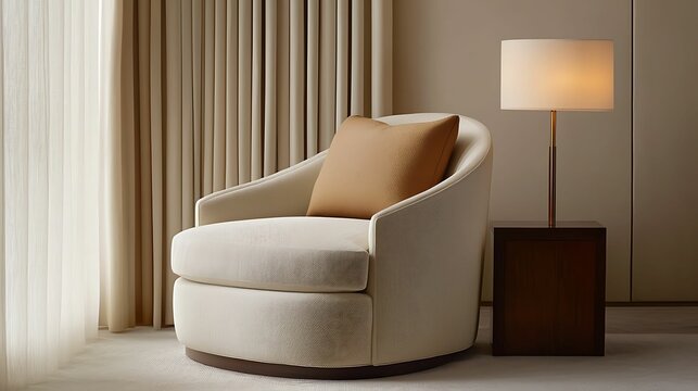 A cozy armchair with a soft cushion beside a stylish lamp, set against elegant curtains, creating a warm and inviting atmosphere.
