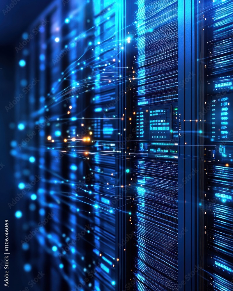 Poster a white computer server with a blue circle on it