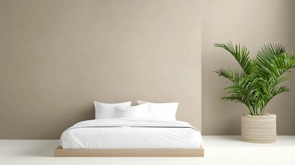 A minimalist bedroom features a simple bed with white linens and a potted plant, set against a neutral wall, creating a serene and calming atmosphere.