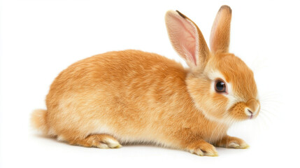 Obraz premium Fluffy domestic rabbit with soft orange fur, sitting gracefully on white background. This adorable creature exudes charm and warmth, perfect for any pet lover