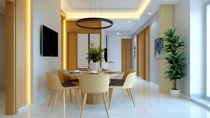 A modern dining area featuring a circular table, stylish chairs, indoor plants, and warm lighting, creating an inviting atmosphere.