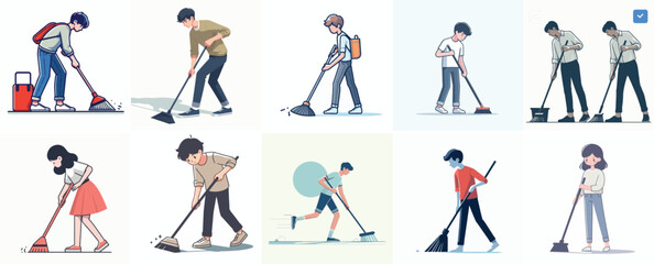 Vector set of a teenager sweeping the floor with a simple flat design style