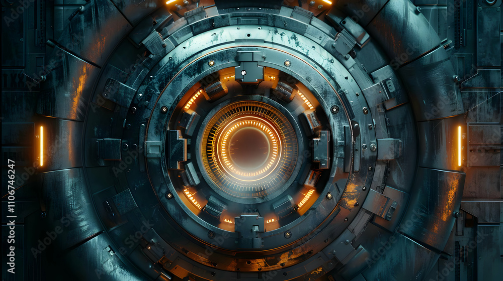 Poster glowing circular mechanism: futuristic 3d render of a complex tech device with orange and teal accen