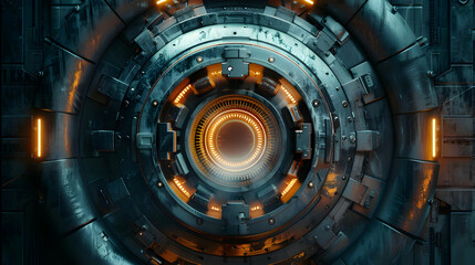 Glowing Circular Mechanism: Futuristic 3D Render of a Complex Tech Device with Orange and Teal Accents, Industrial Sci-fi Background
