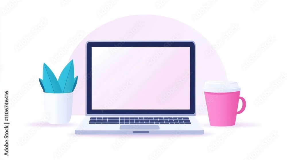 Poster a laptop computer is on a table with a cup of coffee next to it