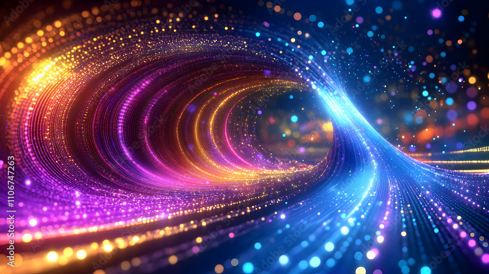 Poster abstract 3d rendering of a colorful, glowing particle tunnel, swirling with vibrant energy and light