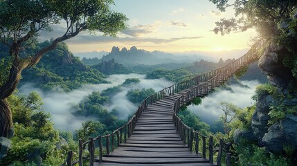 Misty Mountain Wooden Bridge Sunrise Landscape Serene Nature Scene 4K Background